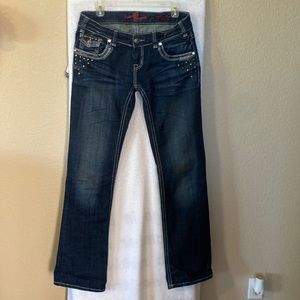 Rock & Roll Cowgirl Dark Wash Low Rise Studded Pocket Jeans- size 29x36